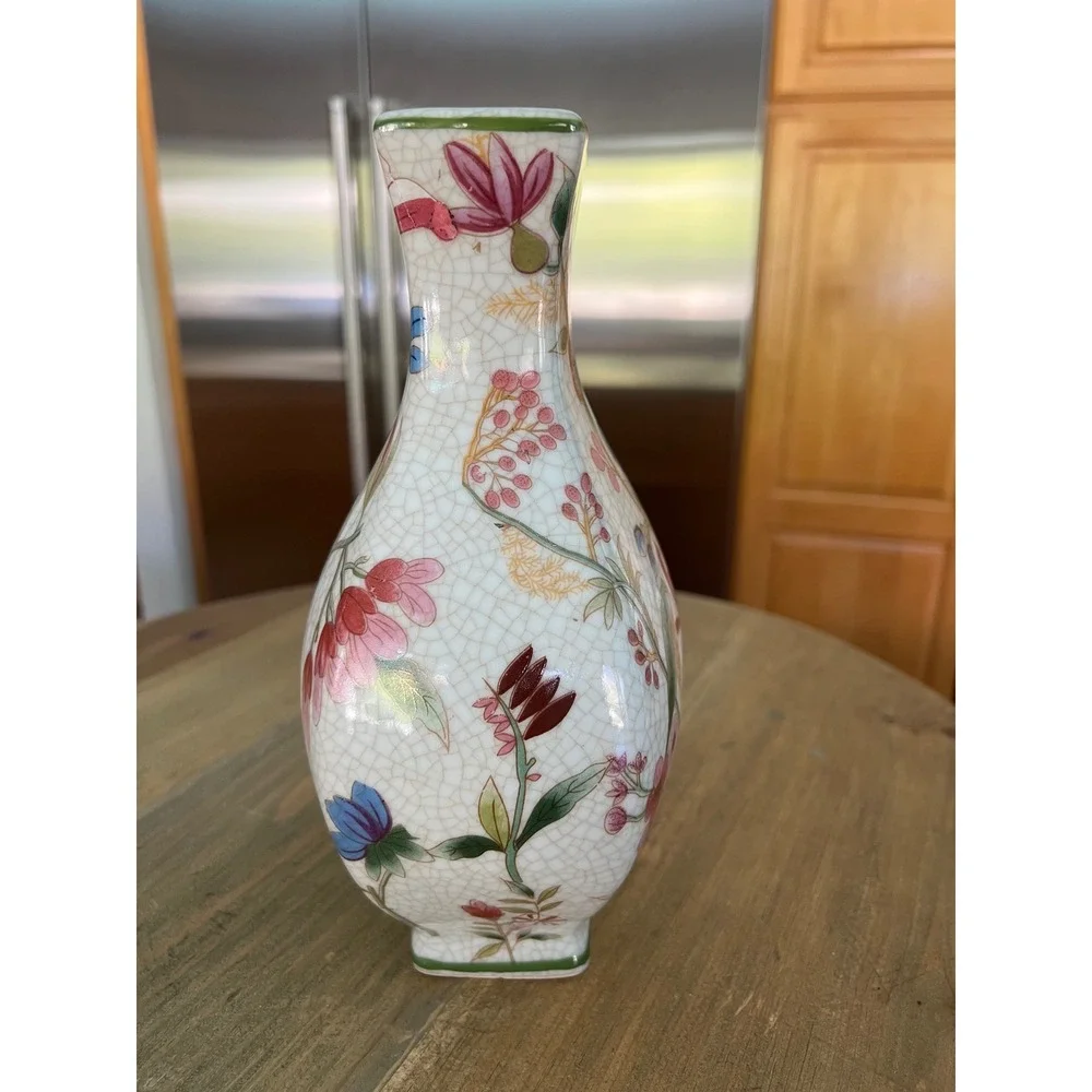 Vintage Chinoiserie Crackle Glaze Floral Ceramic Vase Gold Accents 8.75